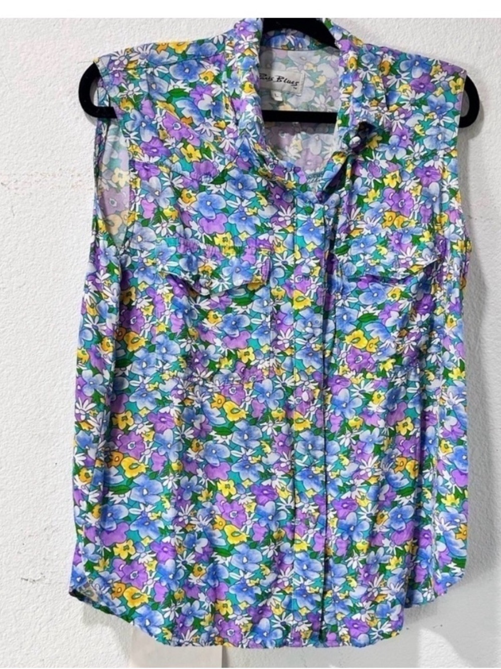 Paris Blues Floral Button-Down Shirt in Purple, Blue, Yellow, Green
